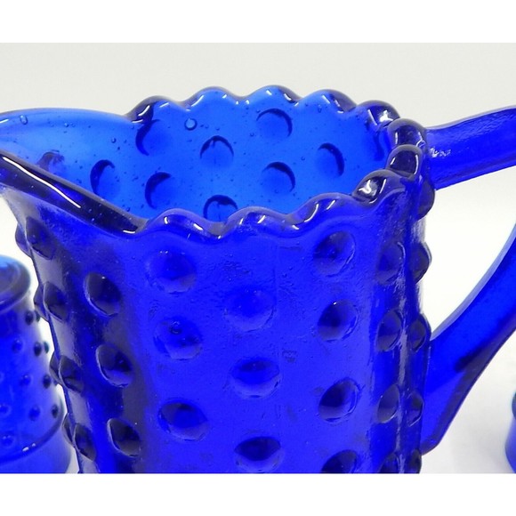 Child's Cobalt Blue Hobnail Mini Water Pitcher With 4 Tumblers Glasses - Picture 6 of 9